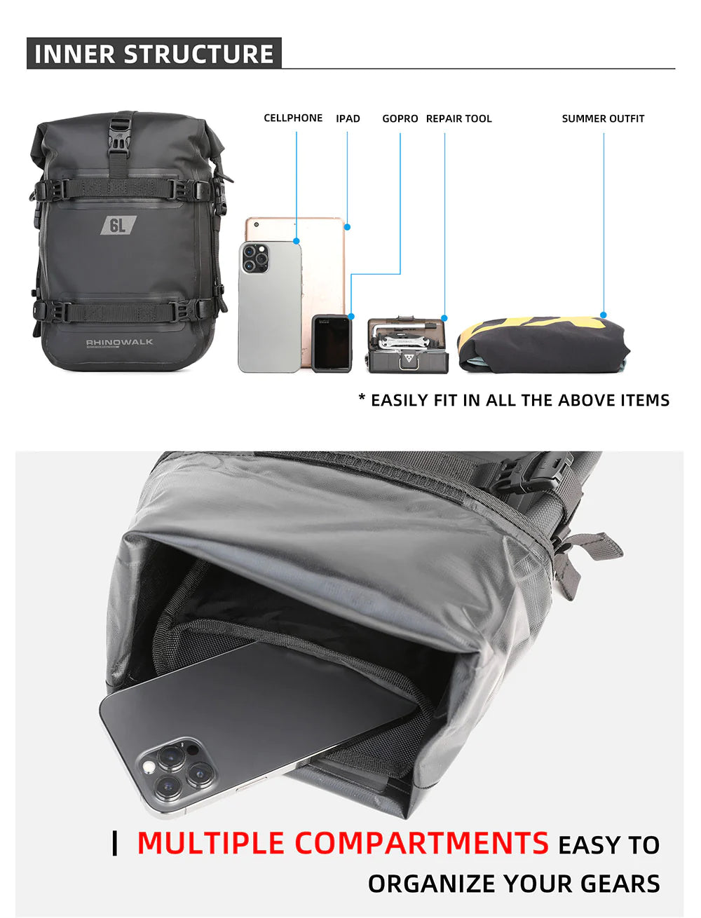 Rhinowalk Crash Bar Dry Bags Waterproof Motorcycle Bag for Crash Bar Motorbike Bumper Bag for Tail Side Seat Motorcycle Pack (Black) (MT2206)